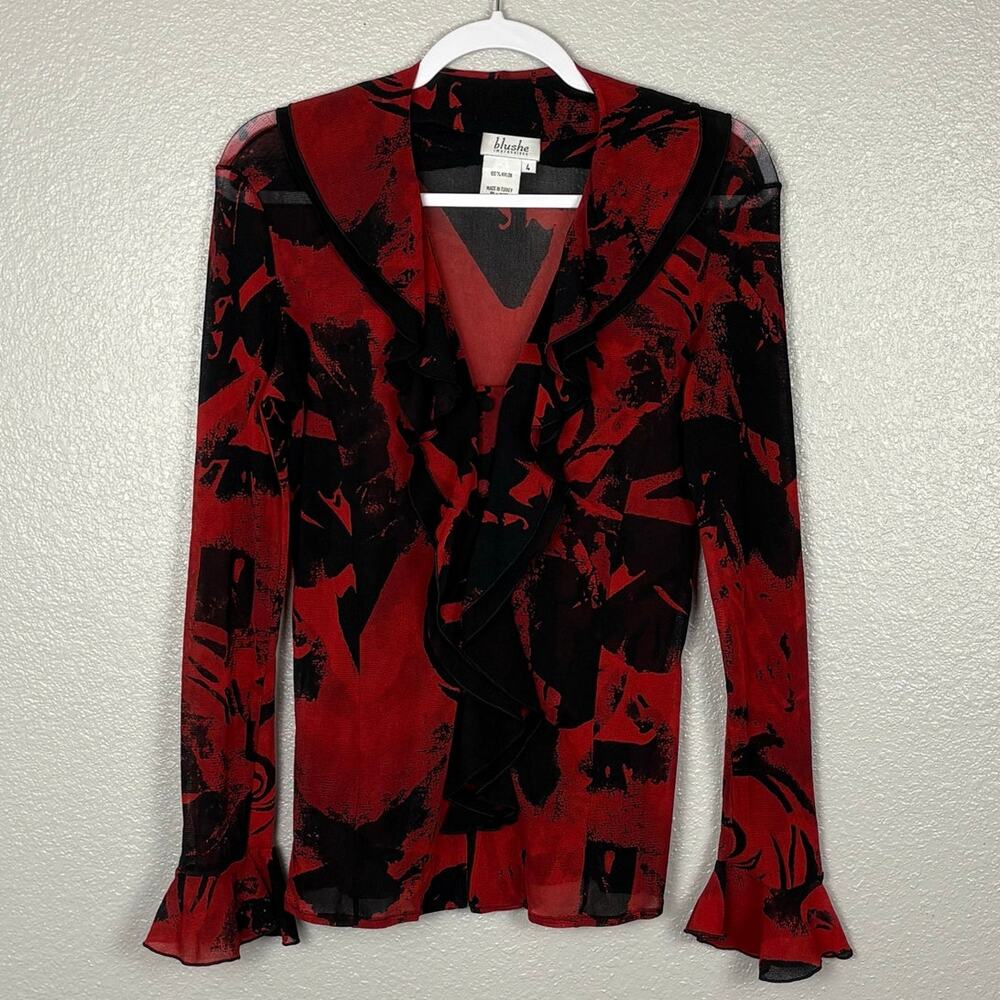 VTG Blushe Impressions Size 4 Nylon Black Red Floral Flared Long Sleeved Top